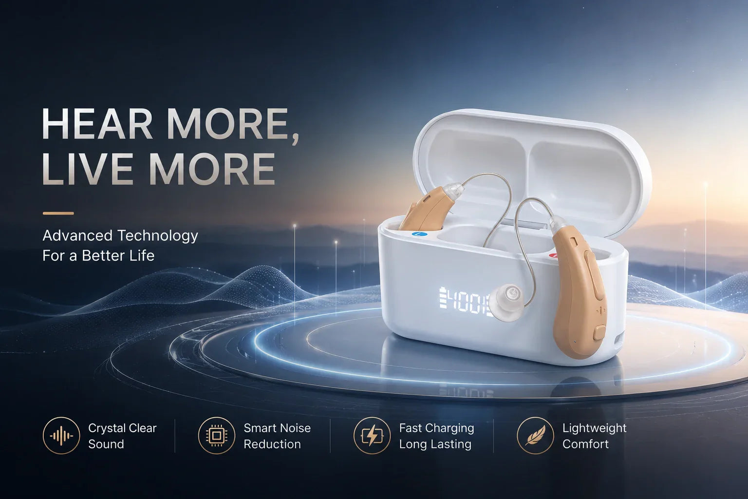 Earjoye Auris X1 beige RIC rechargeable hearing aids resting inside digital-display charging case on futuristic tech backdrop; branded with slogan Hear More, Live More, highlighting clear sound, smart noise reduction, fast charge and lightweight comfort.