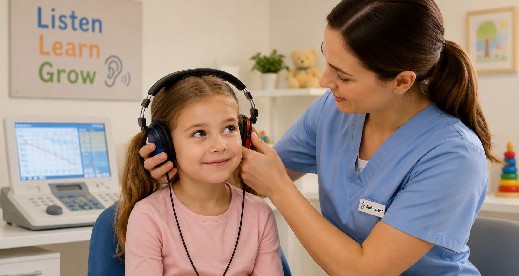 Girl in Pink Shirt Getting Fitted with Headphones for a Hearing Screening