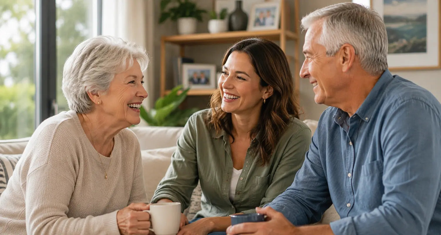 Senior couple having a warm conversation with a family member at home, representing connection and meaningful communication.