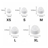 Closed hearing aid ear dome size guide showing XS, S, M, L, and XL options with measurements in millimeters.