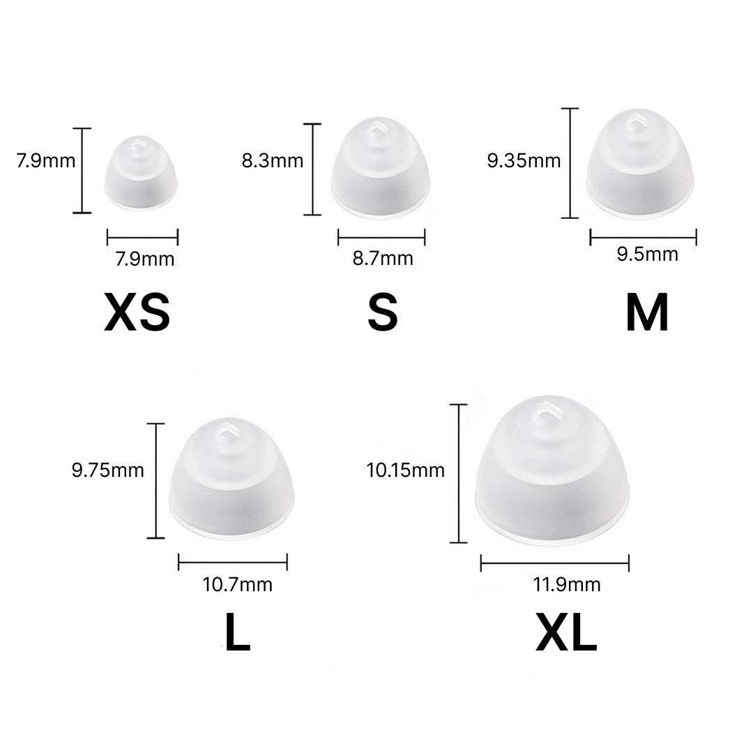 Closed hearing aid ear dome size guide showing XS, S, M, L, and XL options with measurements in millimeters.